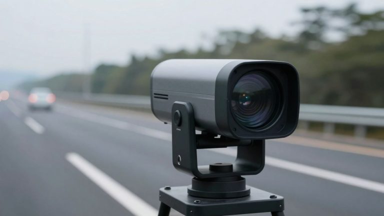 Radar gun aimed at a blurred highway.