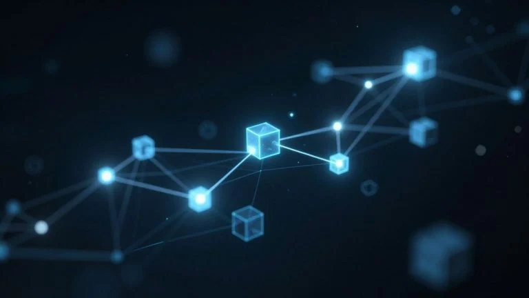 Interconnected digital blocks forming a decentralized blockchain.