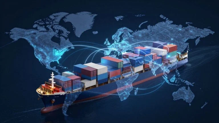 Blockchain supply chain transparency connecting global trade.