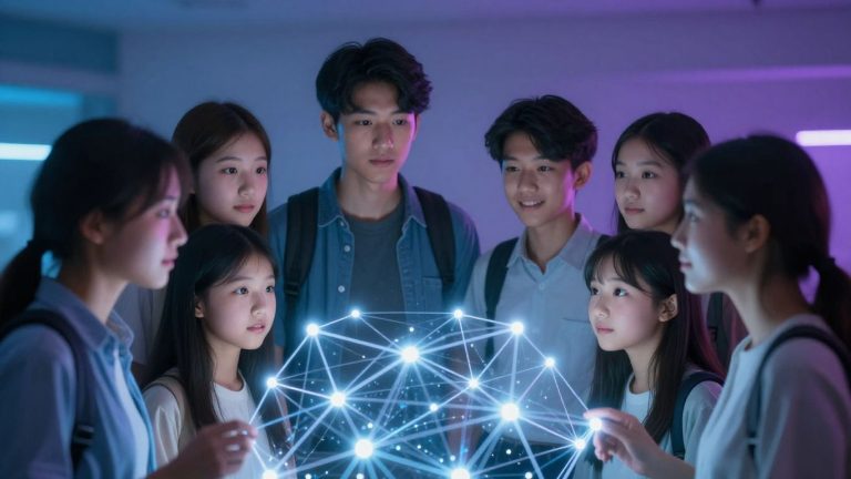 Students interacting with a glowing digital network.