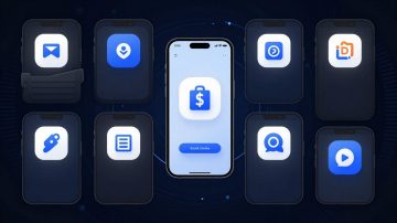 Digital blockchain wallets on modern devices with abstract patterns.