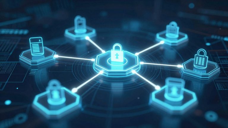 Blockchain network transforming insurance industry with secure data flow.