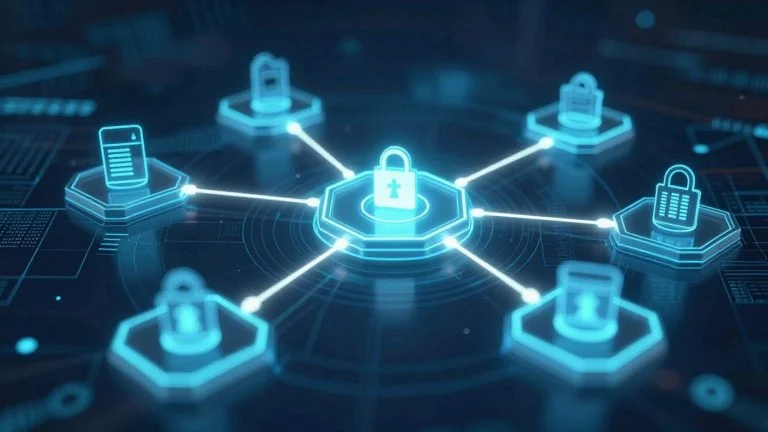 Blockchain network transforming insurance industry with secure data flow.