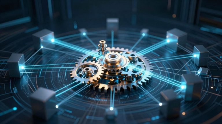 Digital smart contract with connecting blocks and gear mechanism.