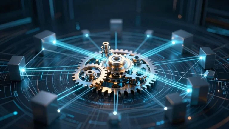 Digital smart contract with connecting blocks and gear mechanism.