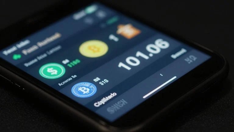 Digital crypto wallet interface with balances and transactions.