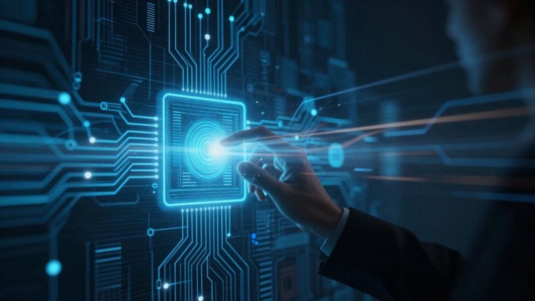 Futuristic technology and innovation with circuits and light trails.