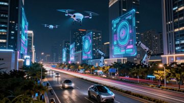 Futuristic cityscape with glowing digital streams and advanced technology.