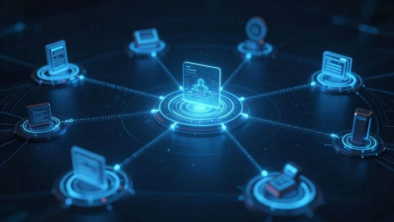 Blockchain and IoT network with glowing data streams.