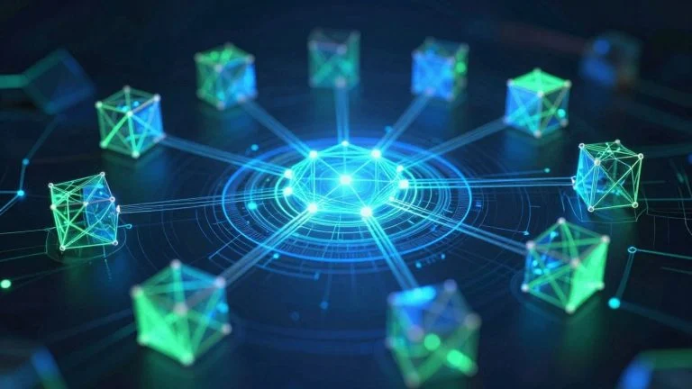Abstract digital network with glowing nodes and geometric shapes.