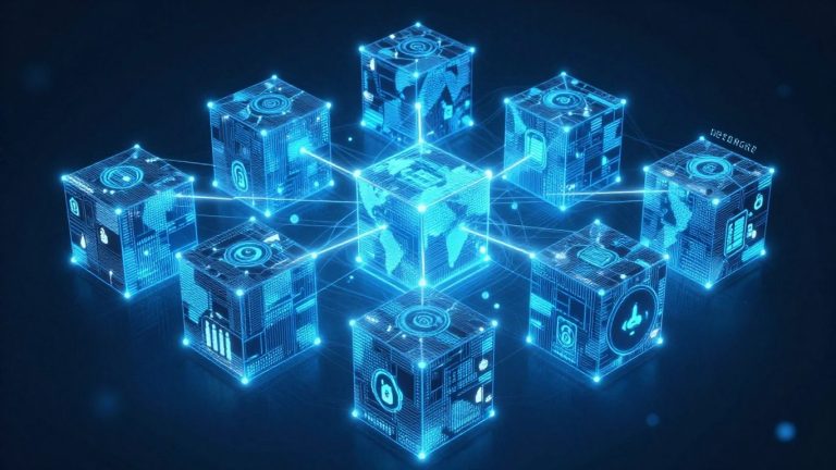 Blockchain network with glowing digital blocks and financial icons.