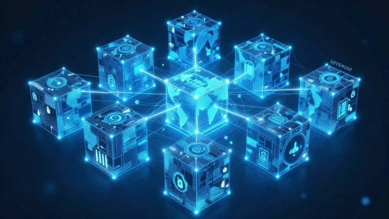 Blockchain network with glowing digital blocks and financial icons.