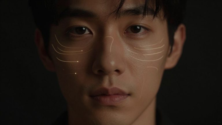 Human face with digital lines, AI connection.