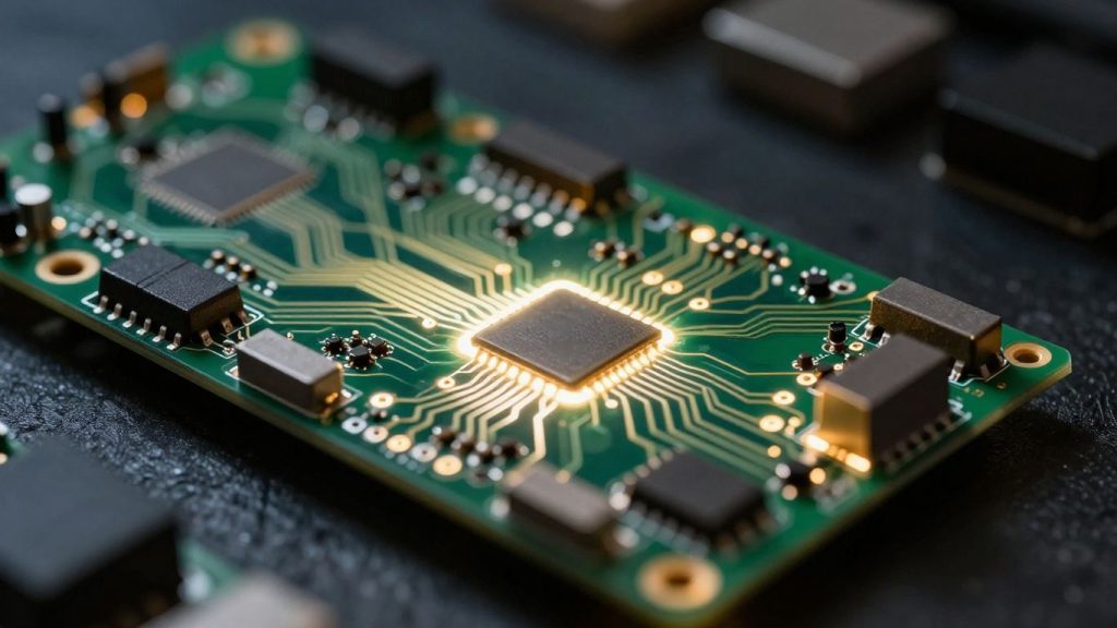 Abstract glowing circuit board with intricate pathways.