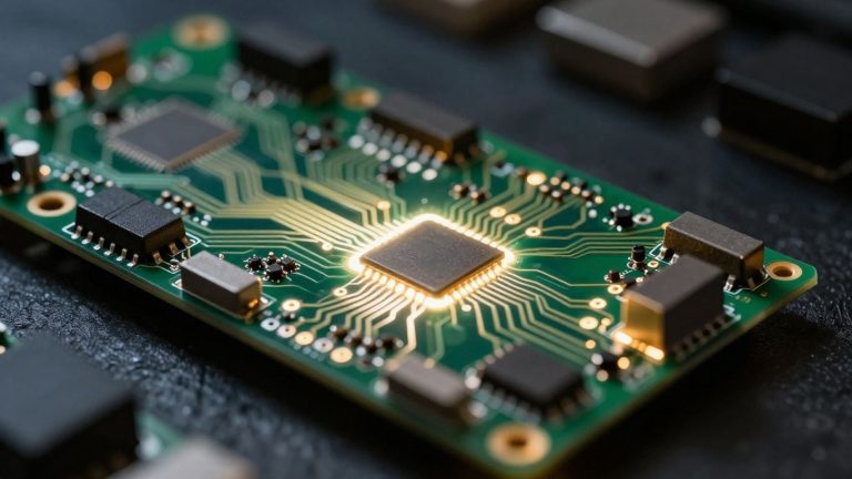 Abstract glowing circuit board with intricate pathways.