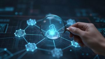 Magnifying glass over blockchain network