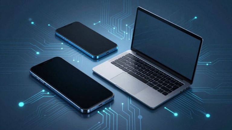 Modern technology devices with glowing circuit patterns.