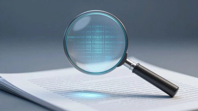 Magnifying glass detecting AI content.