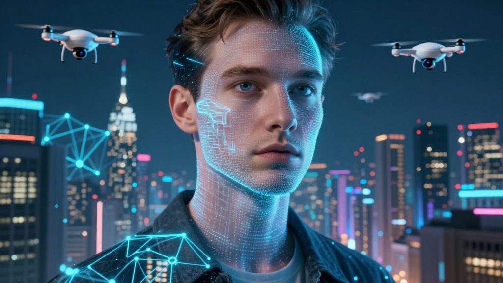 AI cityscape with neural networks and drones.