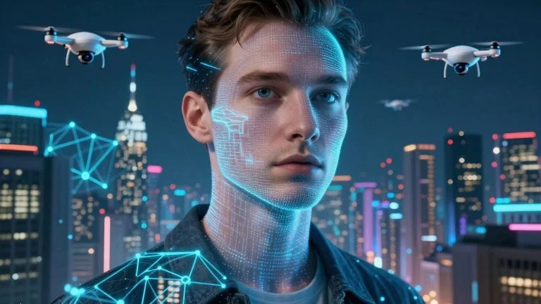 AI cityscape with neural networks and drones.