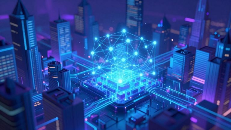Futuristic blockchain cityscape with glowing digital blocks.