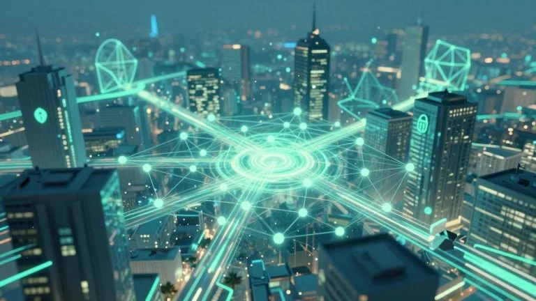 Futuristic blockchain network with glowing nodes and pathways.