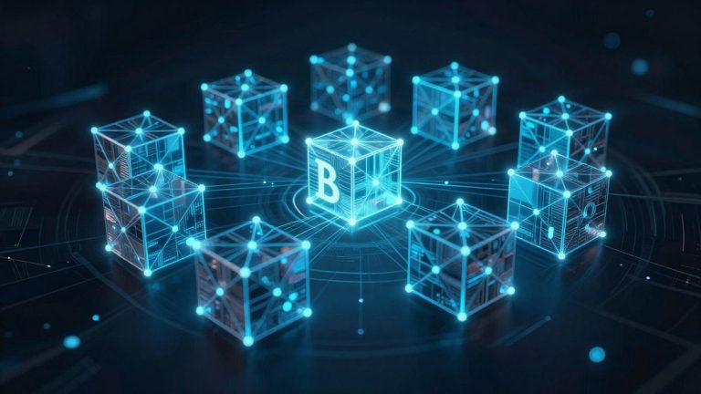 Interconnected digital blocks forming a luminous blockchain network.