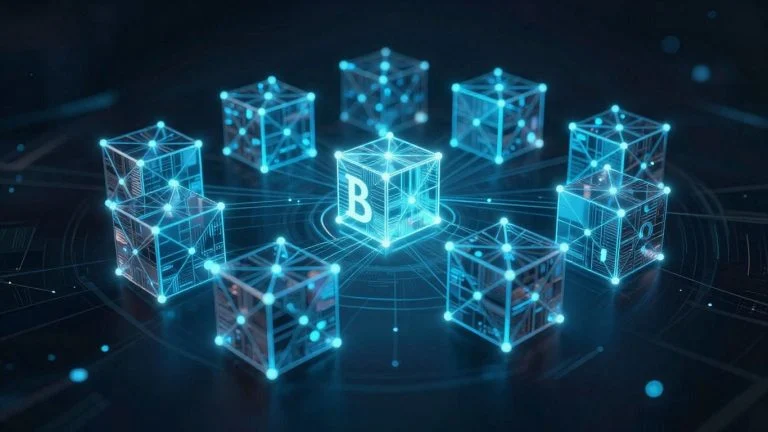 Interconnected digital blocks forming a luminous blockchain network.
