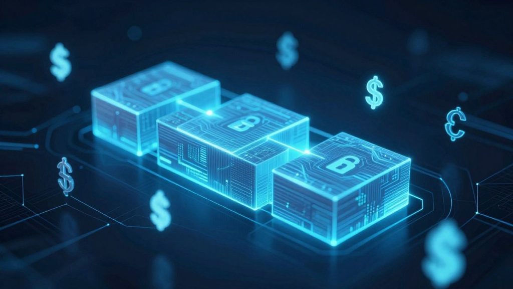 Blockchain ledger with glowing blocks and financial symbols.