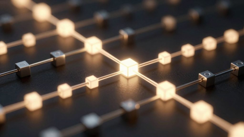 Interconnected digital blocks forming a glowing chain.