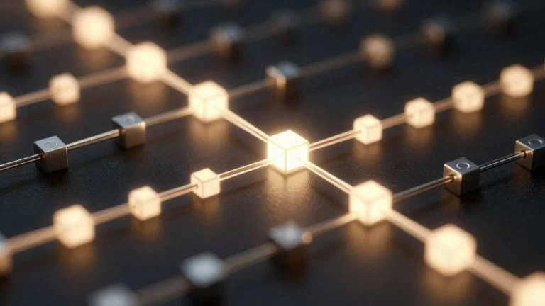 Interconnected digital blocks forming a glowing chain.