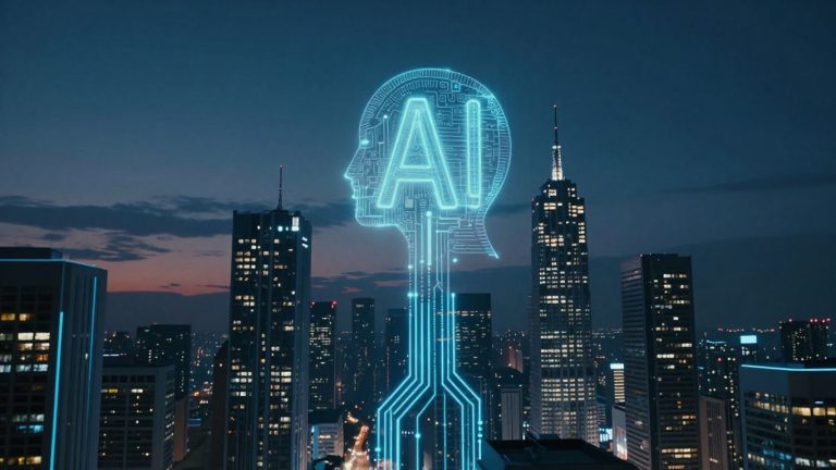 Futuristic cityscape with glowing AI circuits.