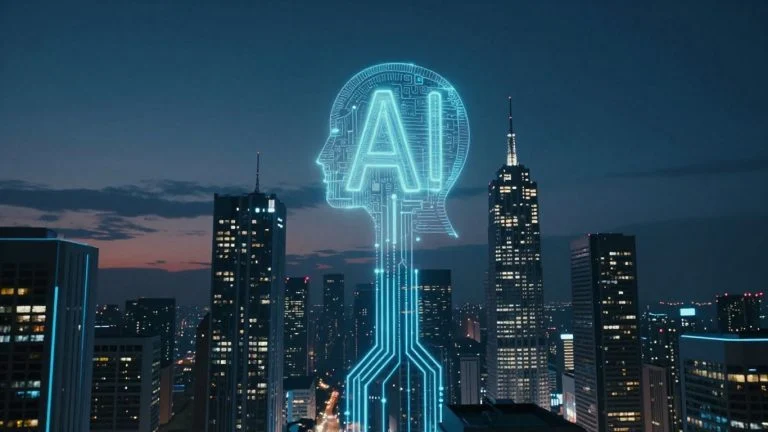 Futuristic cityscape with glowing AI circuits.
