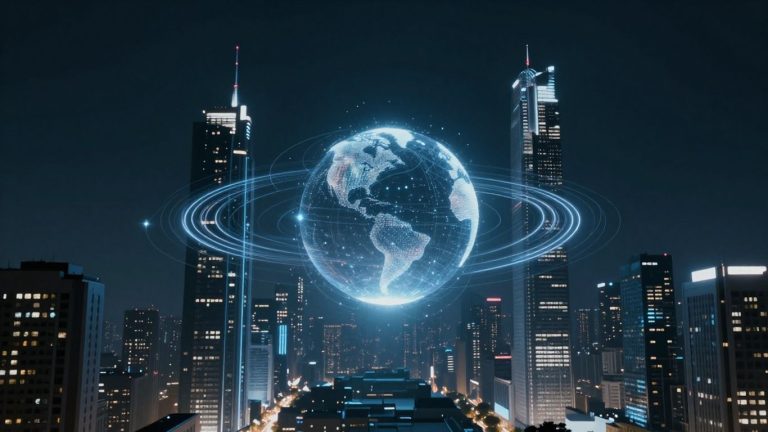Futuristic cityscape with glowing digital streams and illuminated globe.