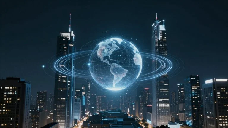 Futuristic cityscape with glowing digital streams and illuminated globe.