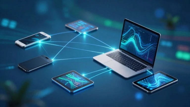 Digital devices connected by glowing lines, illustrating ICT.