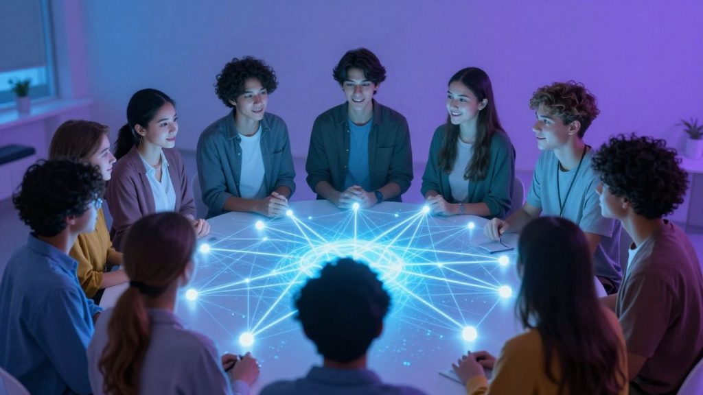 Students interacting with a glowing digital network.