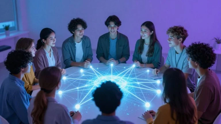 Students interacting with a glowing digital network.