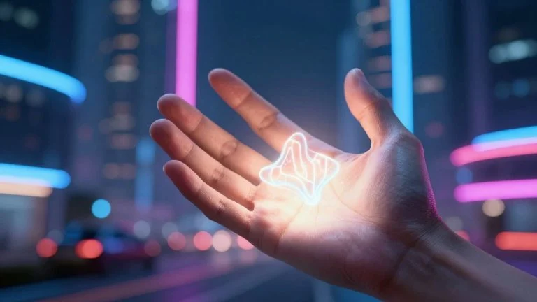 Person holding glowing AI symbol with futuristic city background.