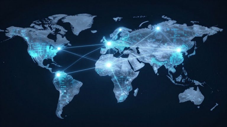 Blockchain network overlaying a transparent supply chain map.