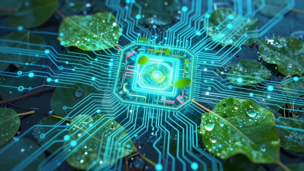 Abstract digital circuits merging with nature elements.