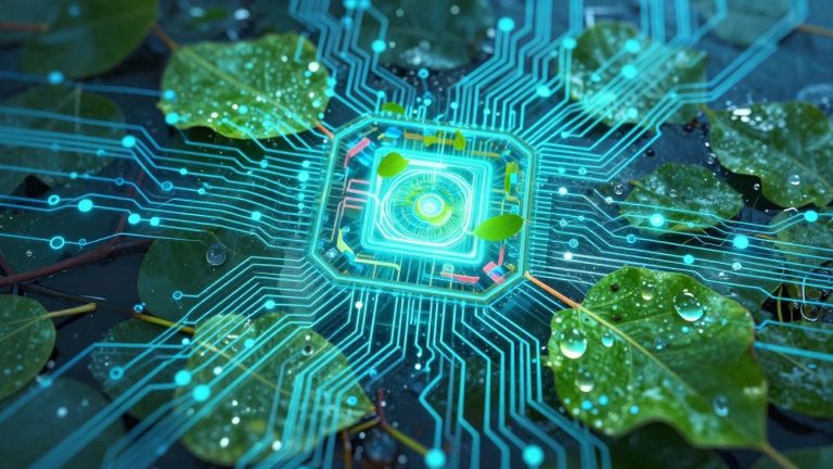 Abstract digital circuits merging with nature elements.