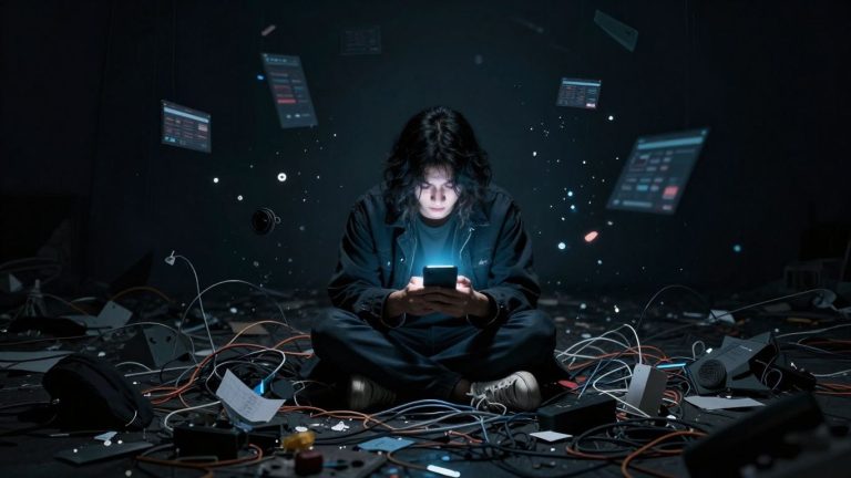 Person overwhelmed by technology's negative impact.