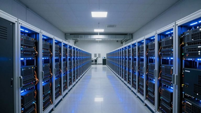 Bitcoin mining facility with rows of computer hardware.