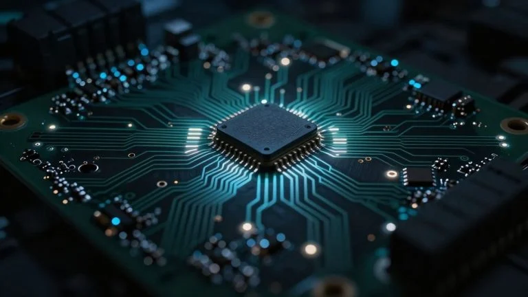 Abstract glowing circuit board with intricate pathways.