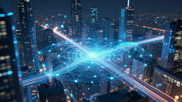Futuristic cityscape with glowing digital pathways