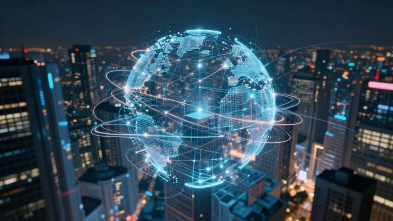 Futuristic blockchain network connecting a digital cityscape.
