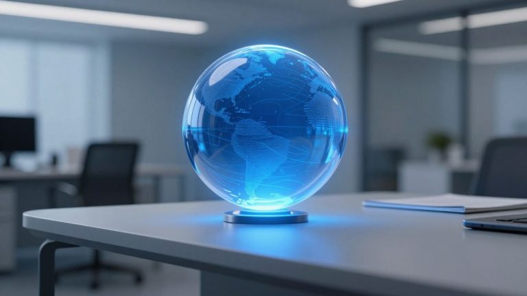 Futuristic AI assistant orb glowing on a desk.