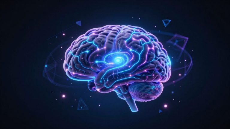 Futuristic AI brain with glowing neural pathways.