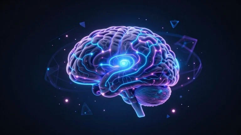 Futuristic AI brain with glowing neural pathways.
